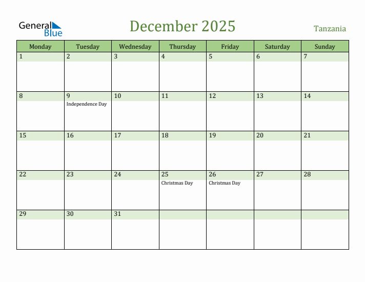 December 2025 Calendar with Tanzania Holidays