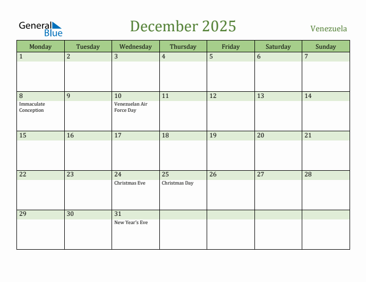 December 2025 Calendar with Venezuela Holidays