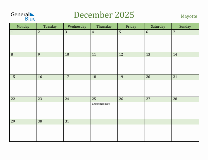 December 2025 Calendar with Mayotte Holidays