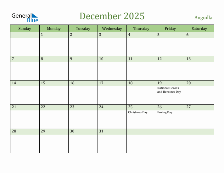 December 2025 Calendar with Anguilla Holidays