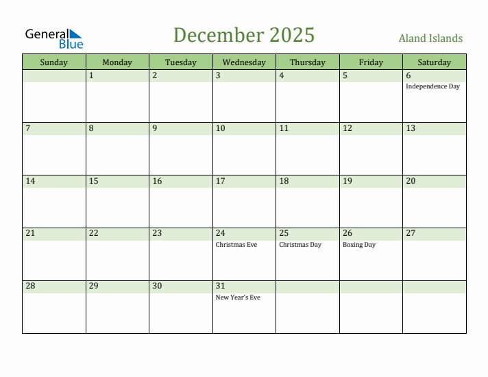 December 2025 Calendar with Aland Islands Holidays