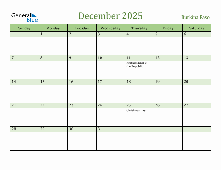 December 2025 Calendar with Burkina Faso Holidays