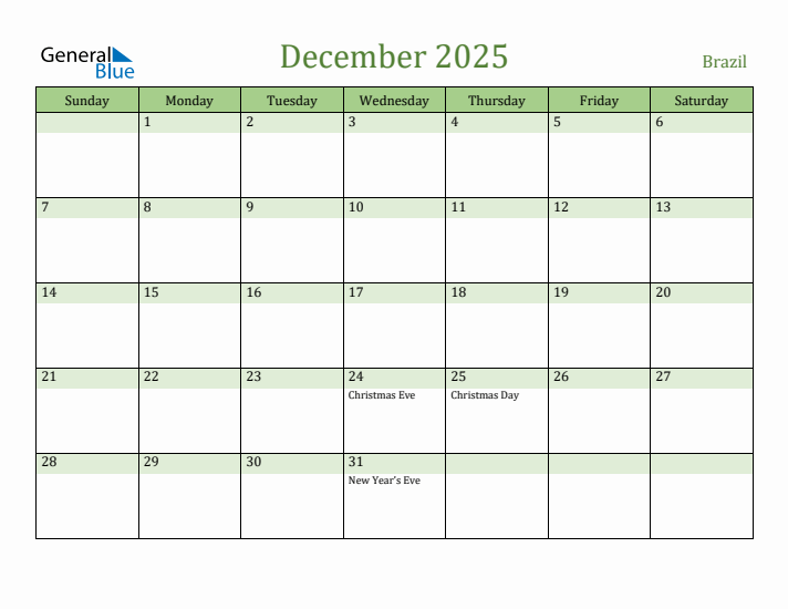 December 2025 Calendar with Brazil Holidays