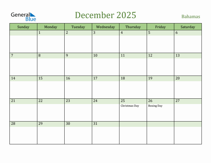 December 2025 Calendar with Bahamas Holidays