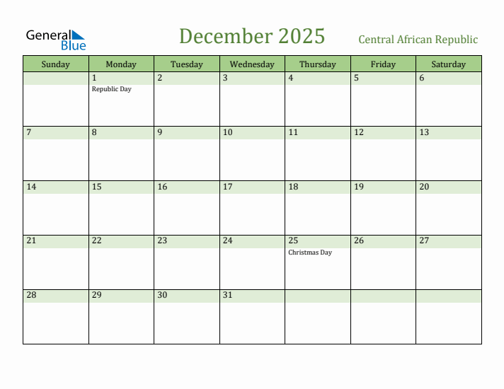 December 2025 Calendar with Central African Republic Holidays