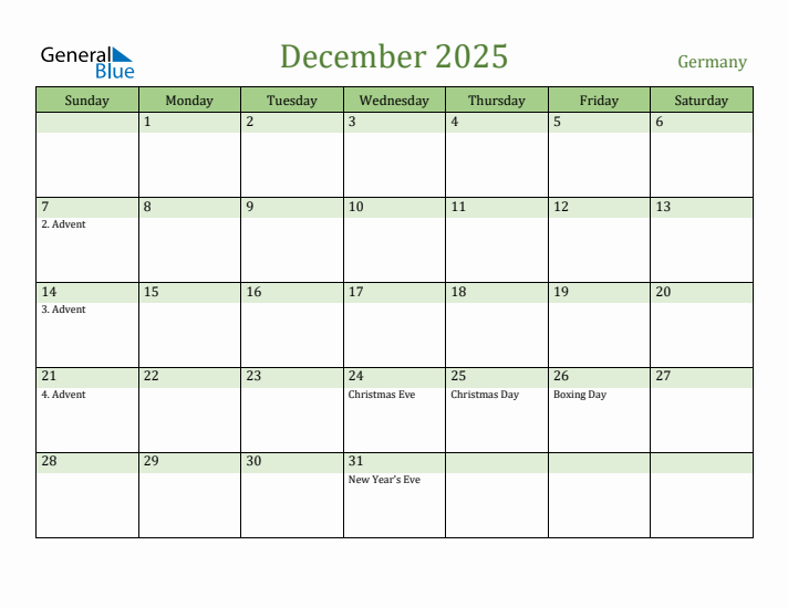 December 2025 Calendar with Germany Holidays