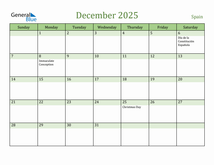 December 2025 Calendar with Spain Holidays