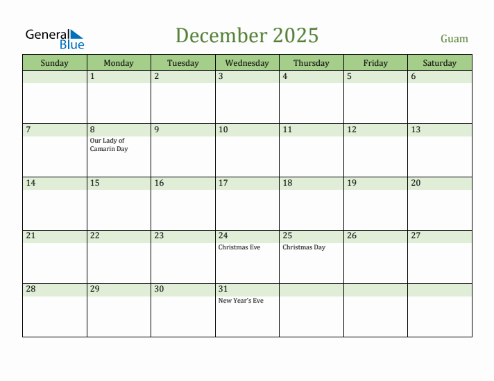 December 2025 Calendar with Guam Holidays