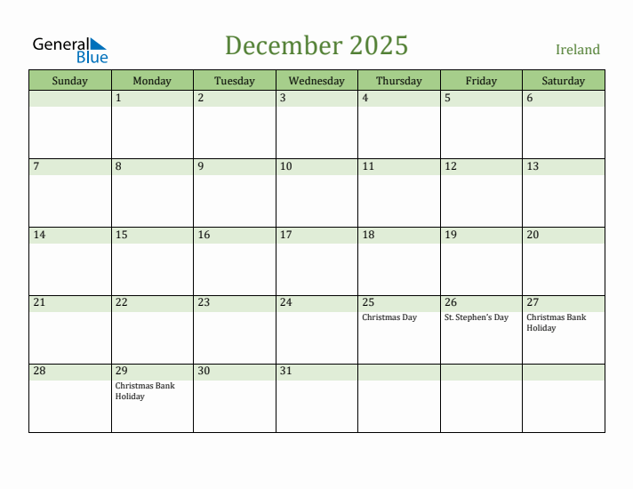 December 2025 Calendar with Ireland Holidays