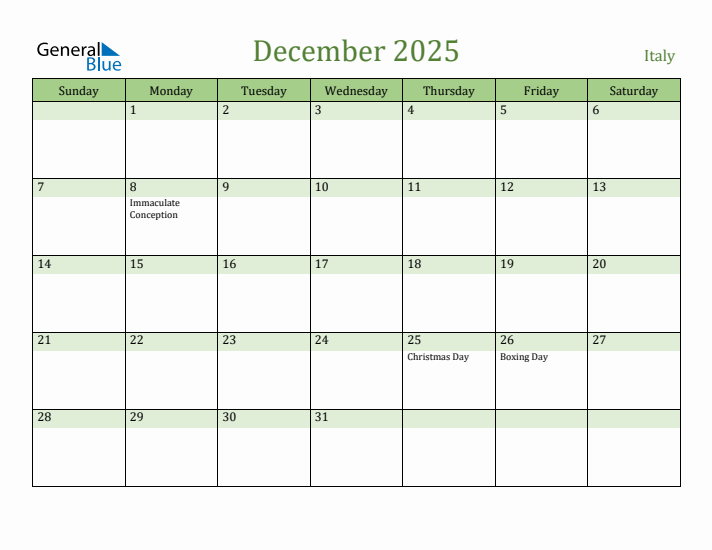 December 2025 Calendar with Italy Holidays