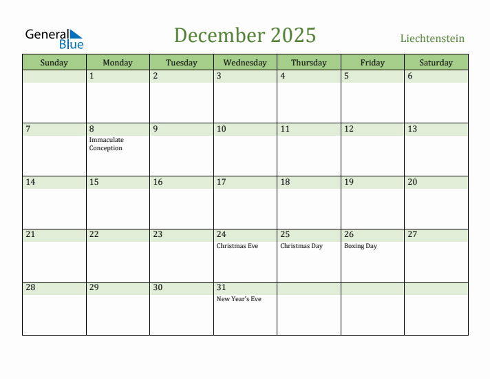 December 2025 Calendar with Liechtenstein Holidays