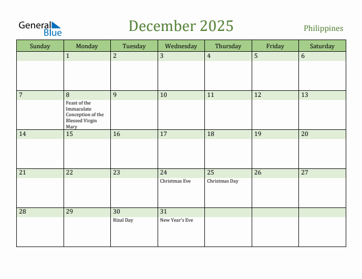 December 2025 Calendar with Philippines Holidays