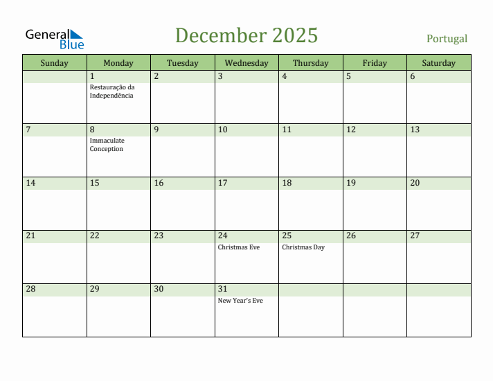 December 2025 Calendar with Portugal Holidays