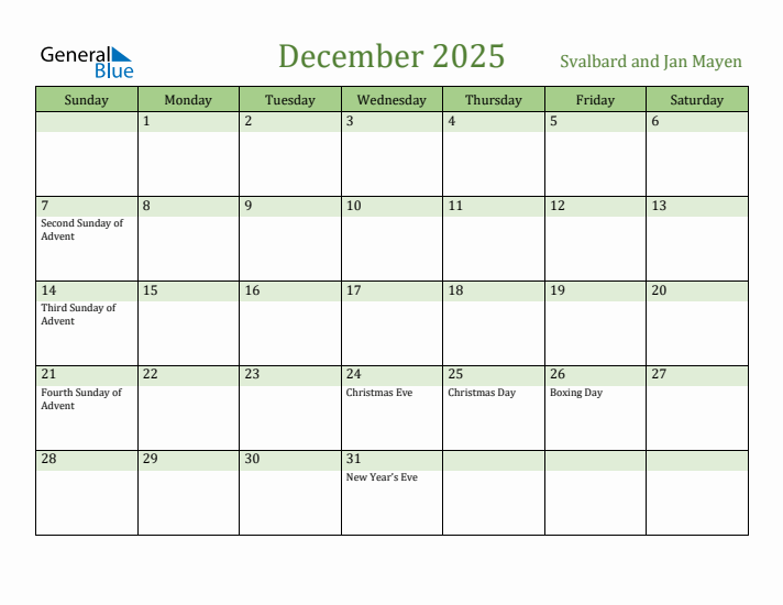 December 2025 Calendar with Svalbard and Jan Mayen Holidays