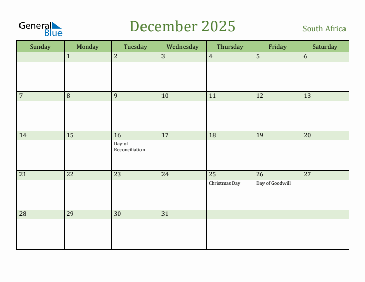 December 2025 Calendar with South Africa Holidays