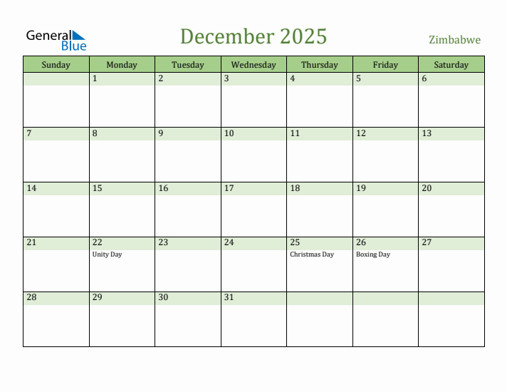 December 2025 Calendar with Zimbabwe Holidays