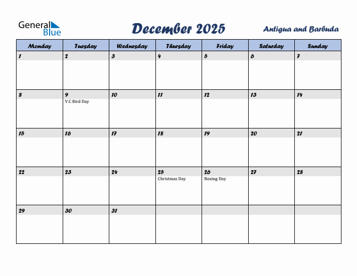 December 2025 Calendar with Holidays in Antigua and Barbuda