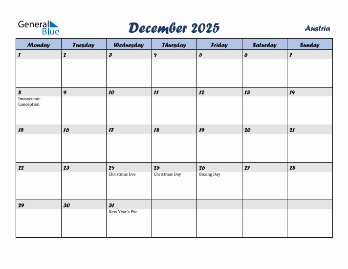 December 2025 Calendar with Holidays in Austria