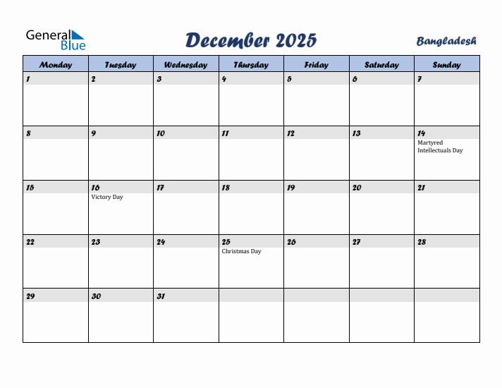 December 2025 Calendar with Holidays in Bangladesh