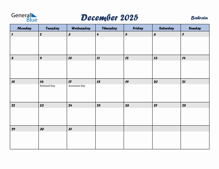 December 2025 Calendar with Holidays in Bahrain