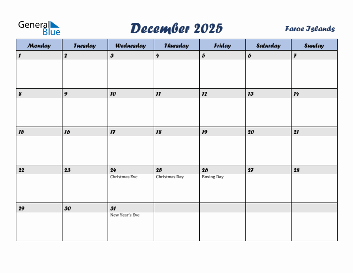 December 2025 Calendar with Holidays in Faroe Islands