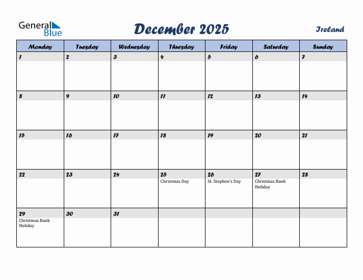 December 2025 Calendar with Holidays in Ireland