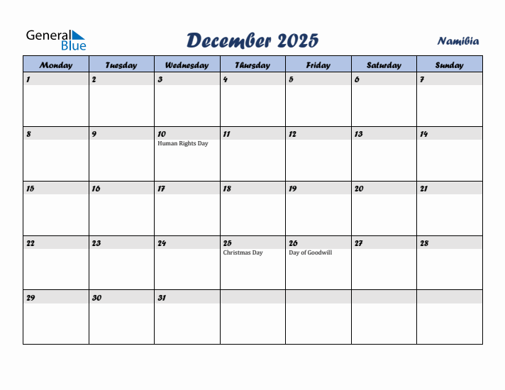 December 2025 Calendar with Holidays in Namibia