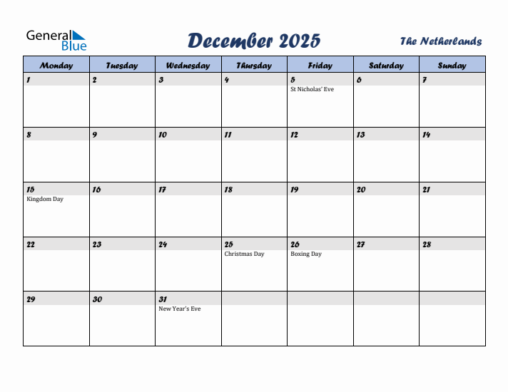 December 2025 Calendar with Holidays in The Netherlands