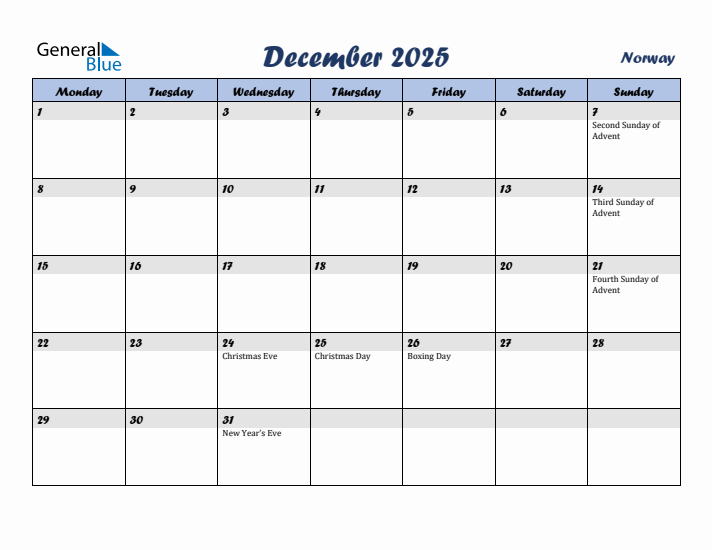 December 2025 Calendar with Holidays in Norway