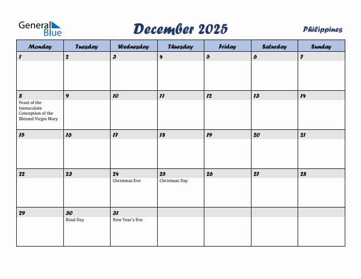 December 2025 Calendar with Holidays in Philippines