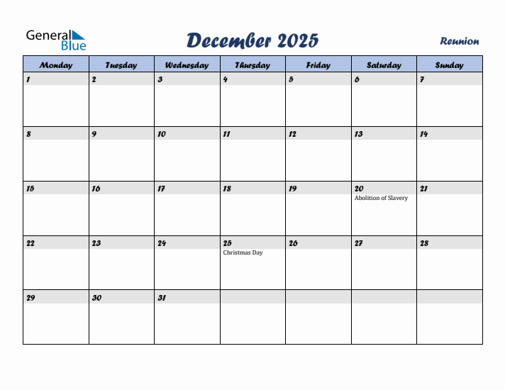 December 2025 Calendar with Holidays in Reunion