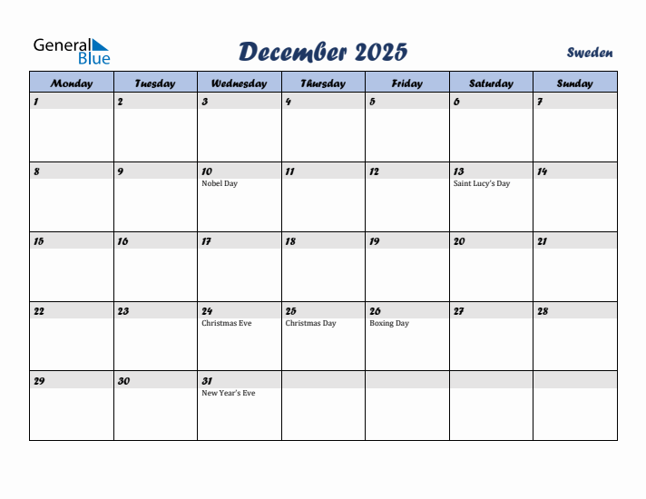 December 2025 Calendar with Holidays in Sweden