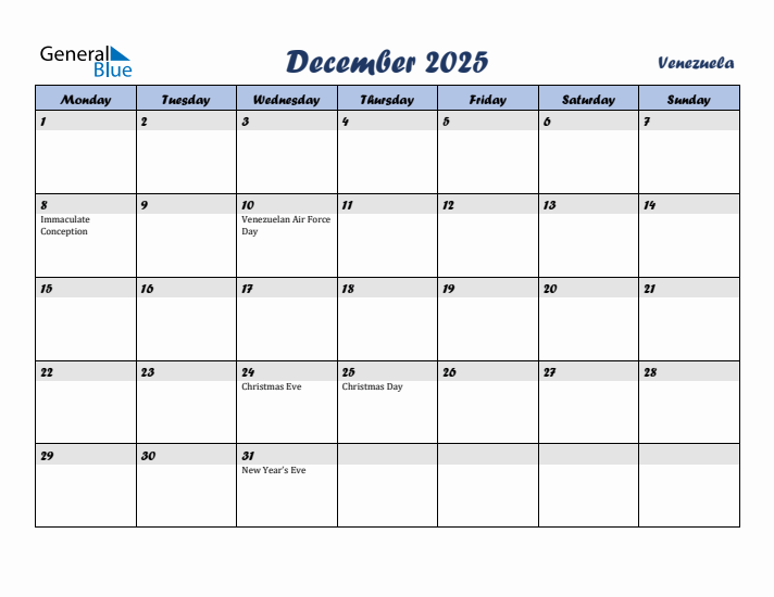 December 2025 Calendar with Holidays in Venezuela