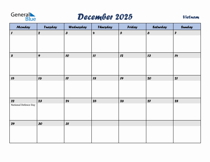 December 2025 Calendar with Holidays in Vietnam