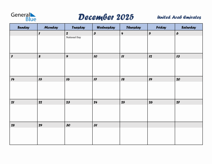 December 2025 Calendar with Holidays in United Arab Emirates