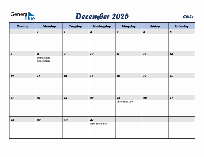 December 2025 Calendar with Holidays in Chile