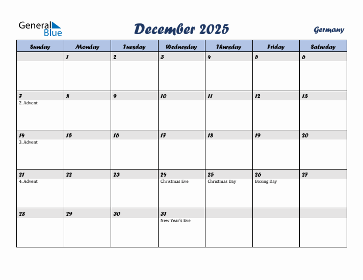 December 2025 Calendar with Holidays in Germany