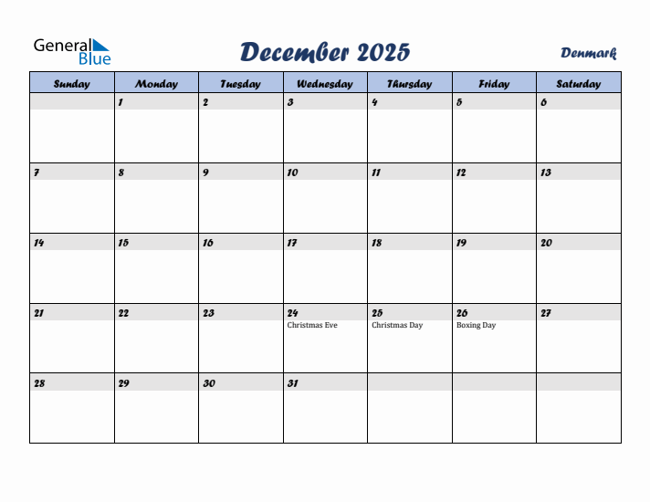 December 2025 Calendar with Holidays in Denmark