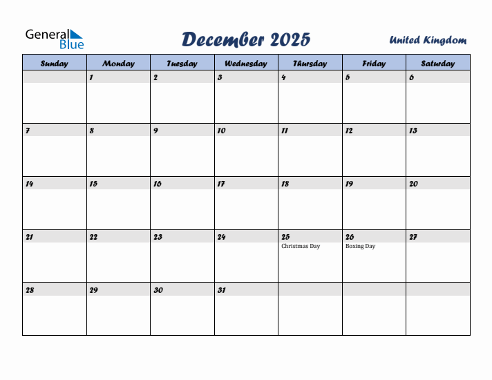 December 2025 Calendar with Holidays in United Kingdom