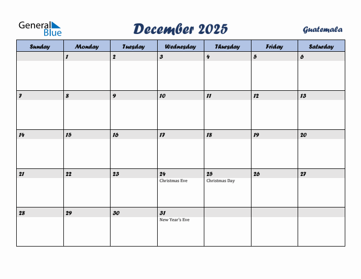 December 2025 Calendar with Holidays in Guatemala