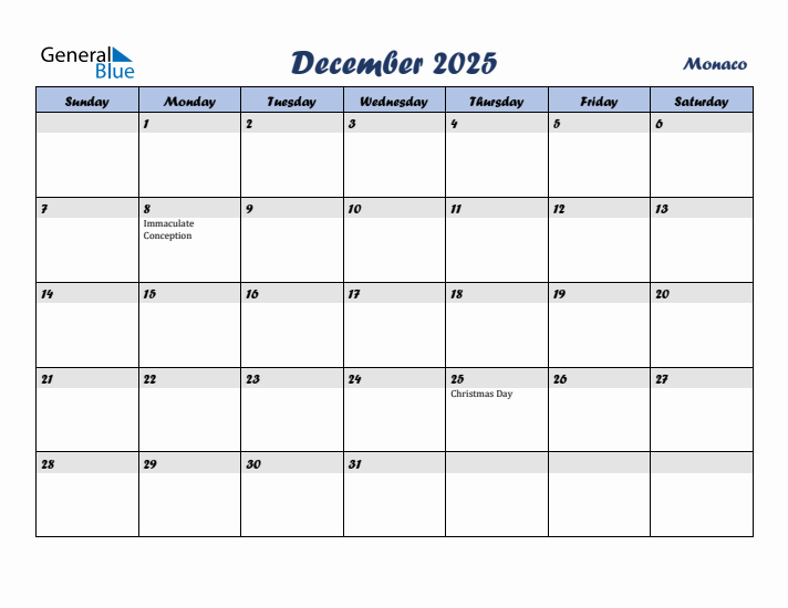 December 2025 Calendar with Holidays in Monaco