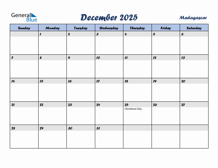 December 2025 Calendar with Holidays in Madagascar