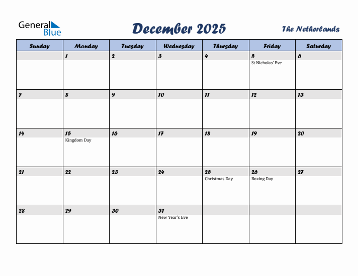 December 2025 Calendar with Holidays in The Netherlands