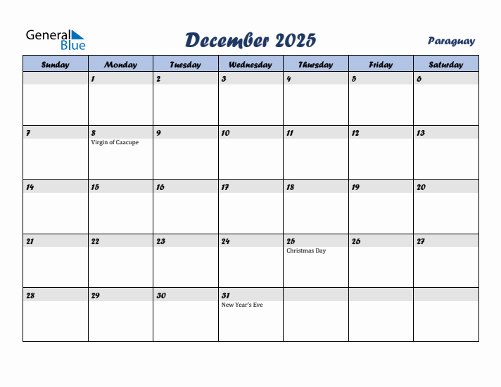 December 2025 Calendar with Holidays in Paraguay