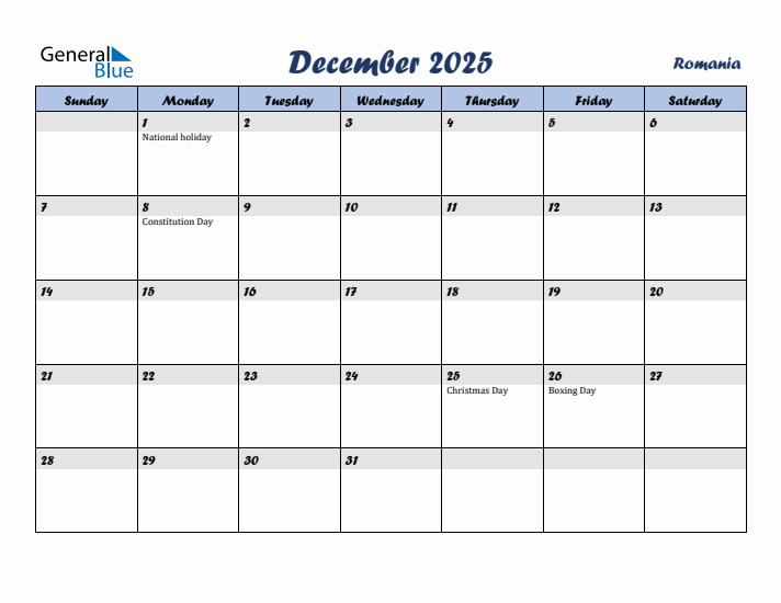 December 2025 Calendar with Holidays in Romania