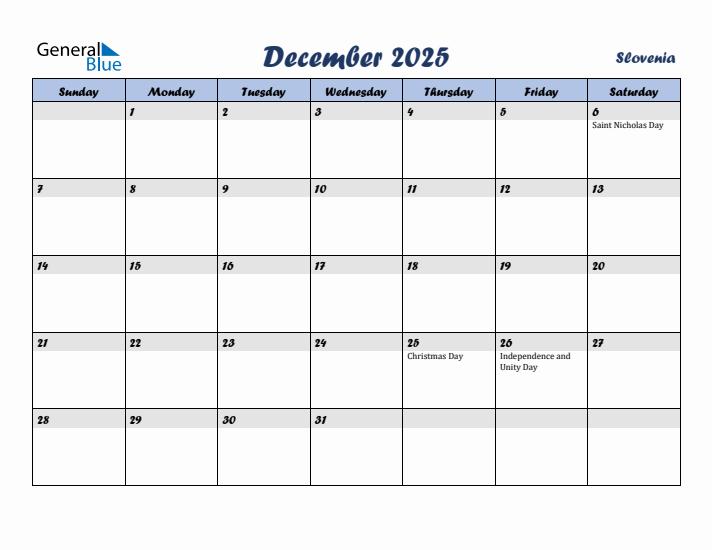 December 2025 Calendar with Holidays in Slovenia