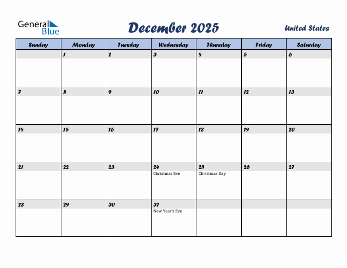 December 2025 Calendar with Holidays in United States