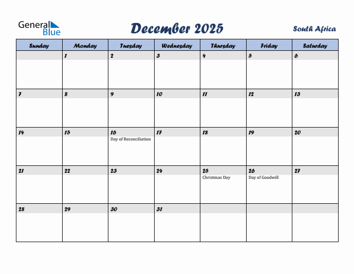 December 2025 Calendar with Holidays in South Africa