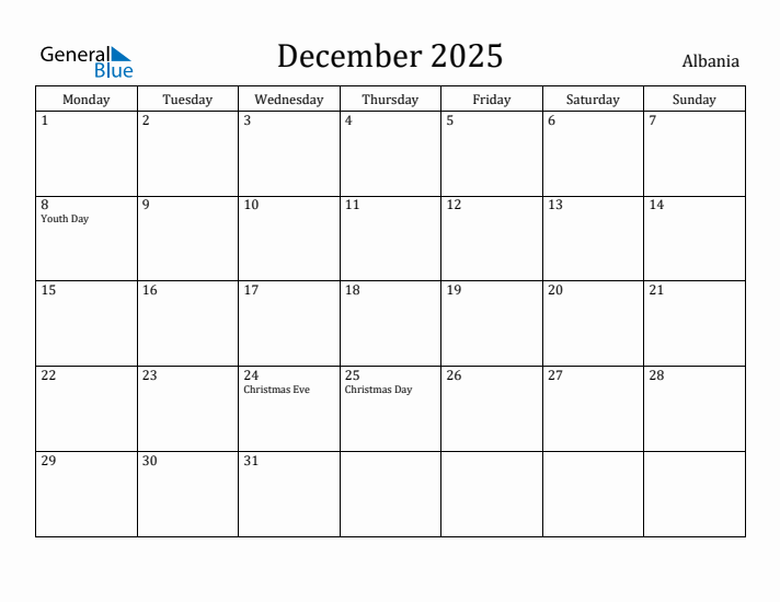 December 2025 Calendar Albania