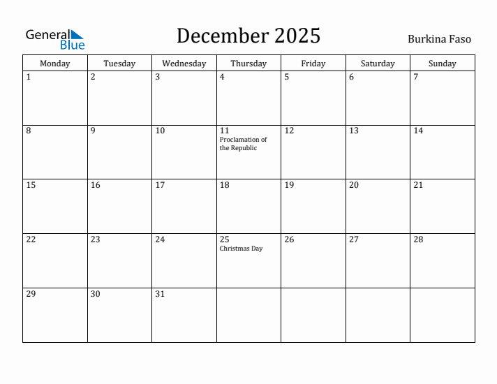 December 2025 Calendar Burkina Faso